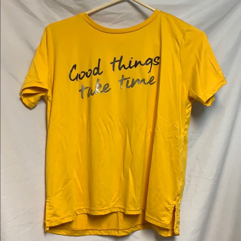 yellow ‘good things take time’ shirt